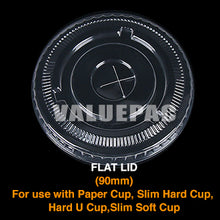Load image into Gallery viewer, Valupac PET Plastic Flat Lid for Slim Hard Cup 90mm, Slim Hard U Cup 90mm, Slim Soft Cup 90mm, Paper Cup 90mm
